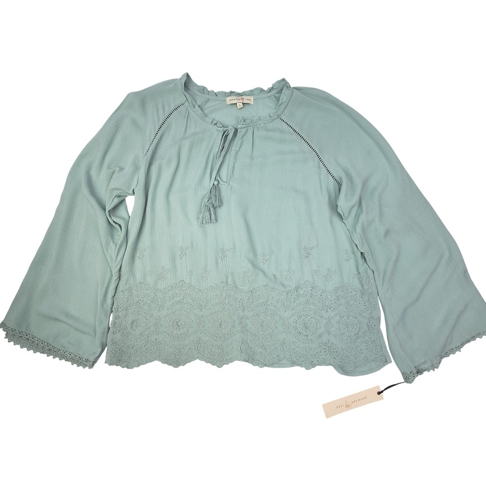 Penelope Rose Blouse Womens XL Sage‎ Green Embroidered Bell Sleeve Boho Peasant